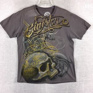 VTG Sinister Tshirt Mens L Gray Skull Dragon AOP Punk Streetwear Going Out Y2K